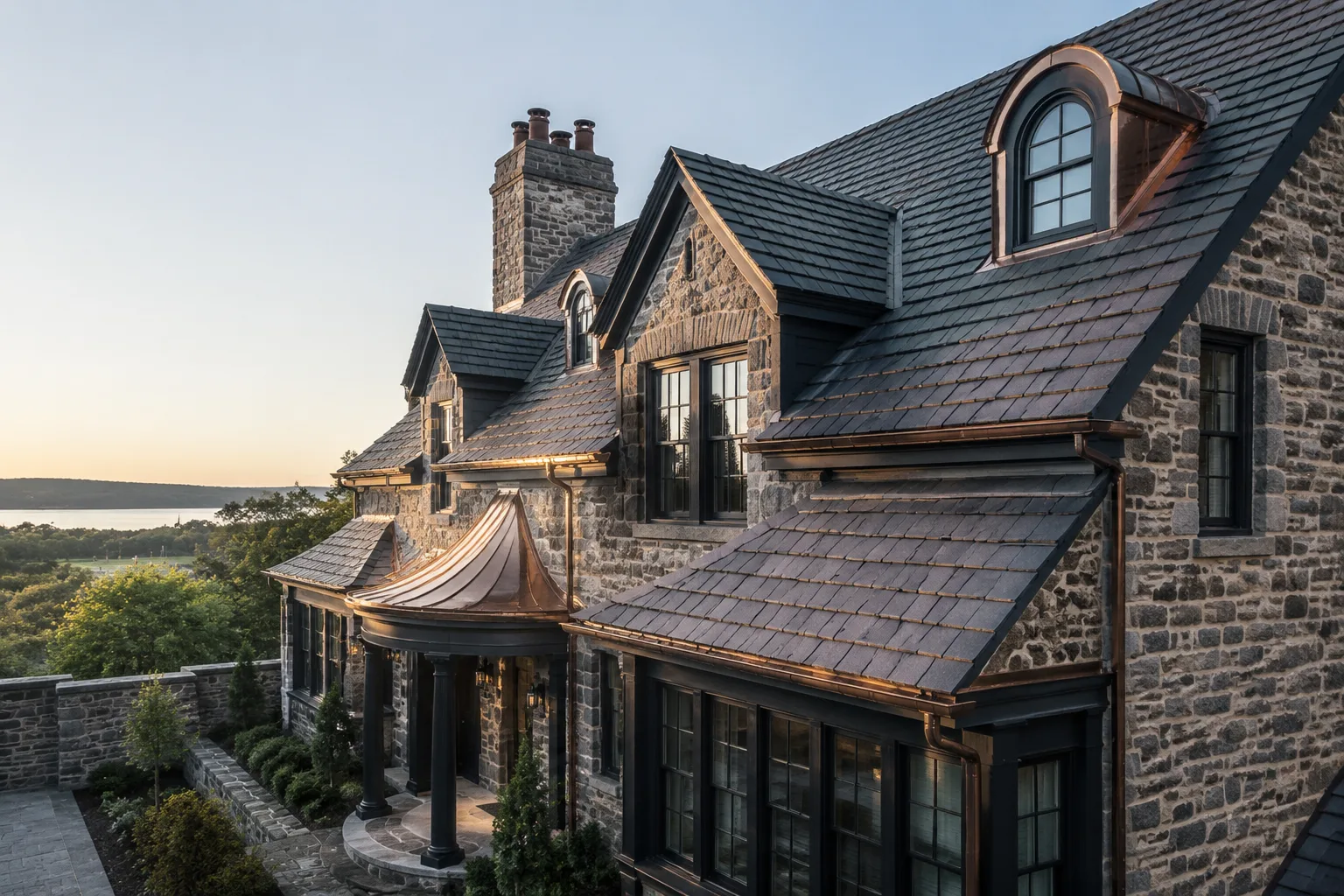 Premium historic Maryland home with a crafted slate roof and copper roof accents