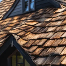 Cedar shake roof texture on a traditional home